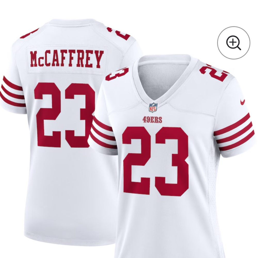 San Francisco 49er’s Mc Caffrey Women’s White and Red Football Jersey